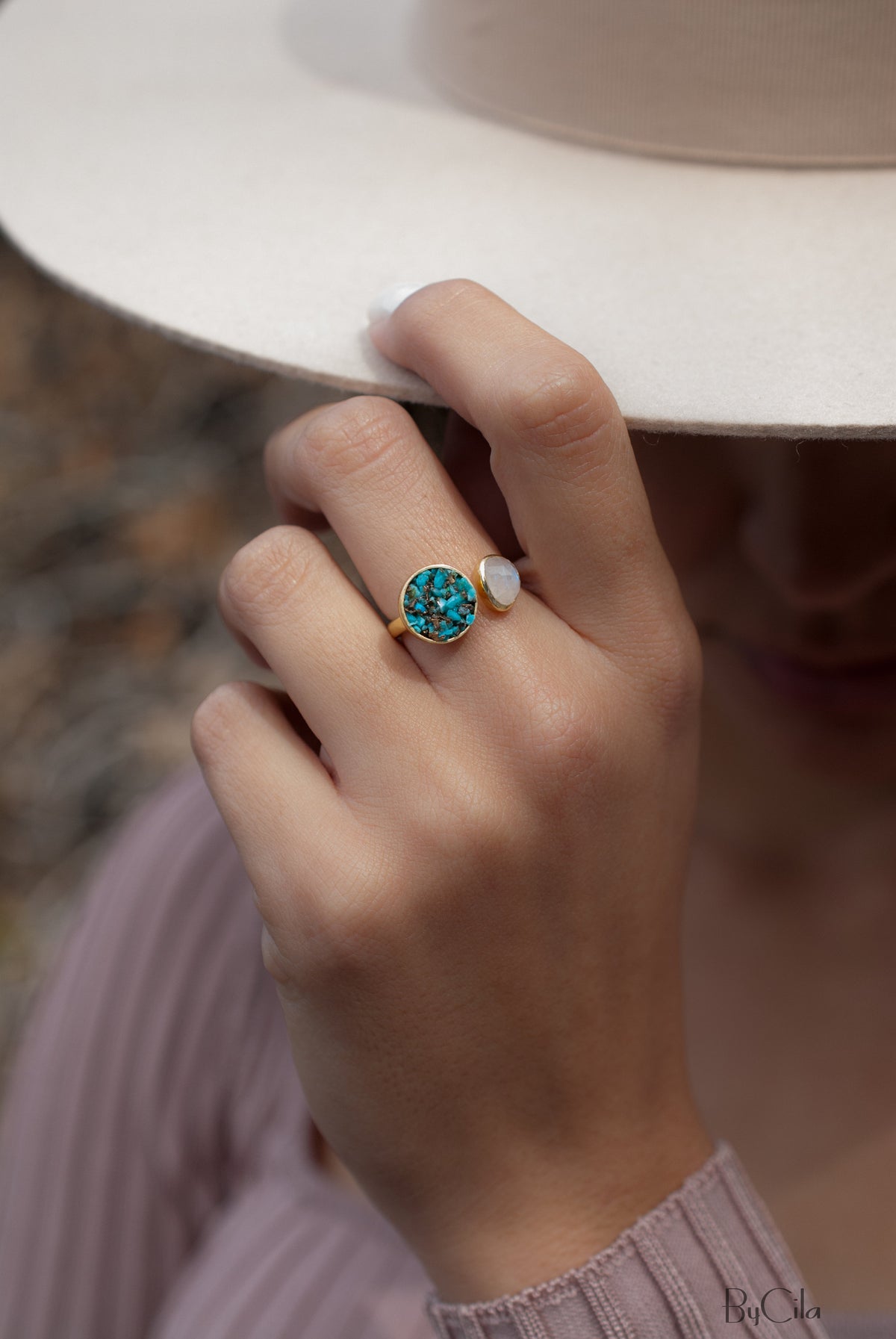 Moonstone & Mosaic Turquoise Round Ring * 18k Gold Plated Ring * Statement Ring *Gemstone Ring *Bridal Ring *Organic Ring *Natural * BJR168
