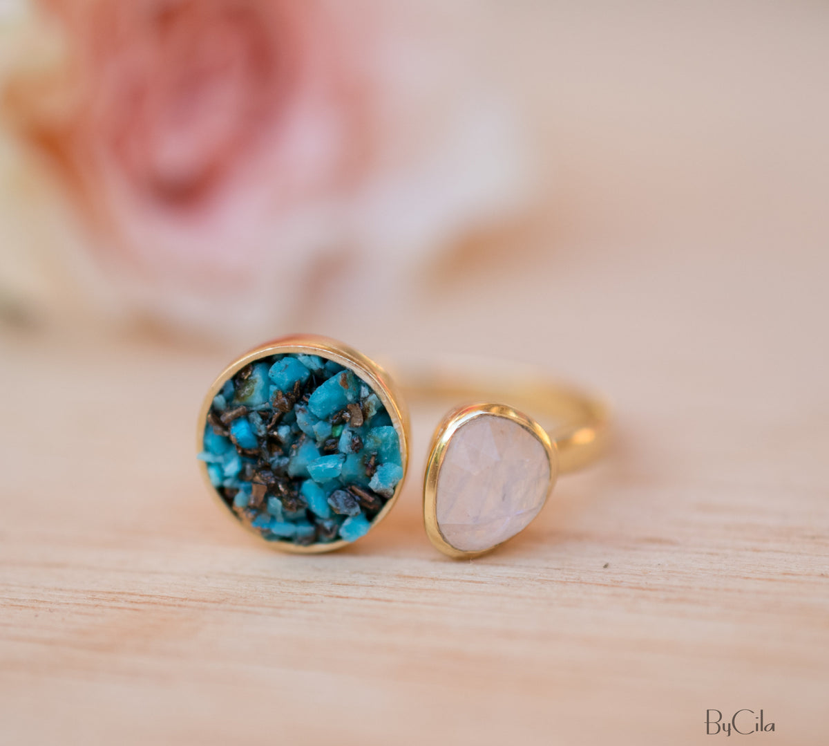 Moonstone & Mosaic Turquoise Round Ring * 18k Gold Plated Ring * Statement Ring *Gemstone Ring *Bridal Ring *Organic Ring *Natural * BJR168