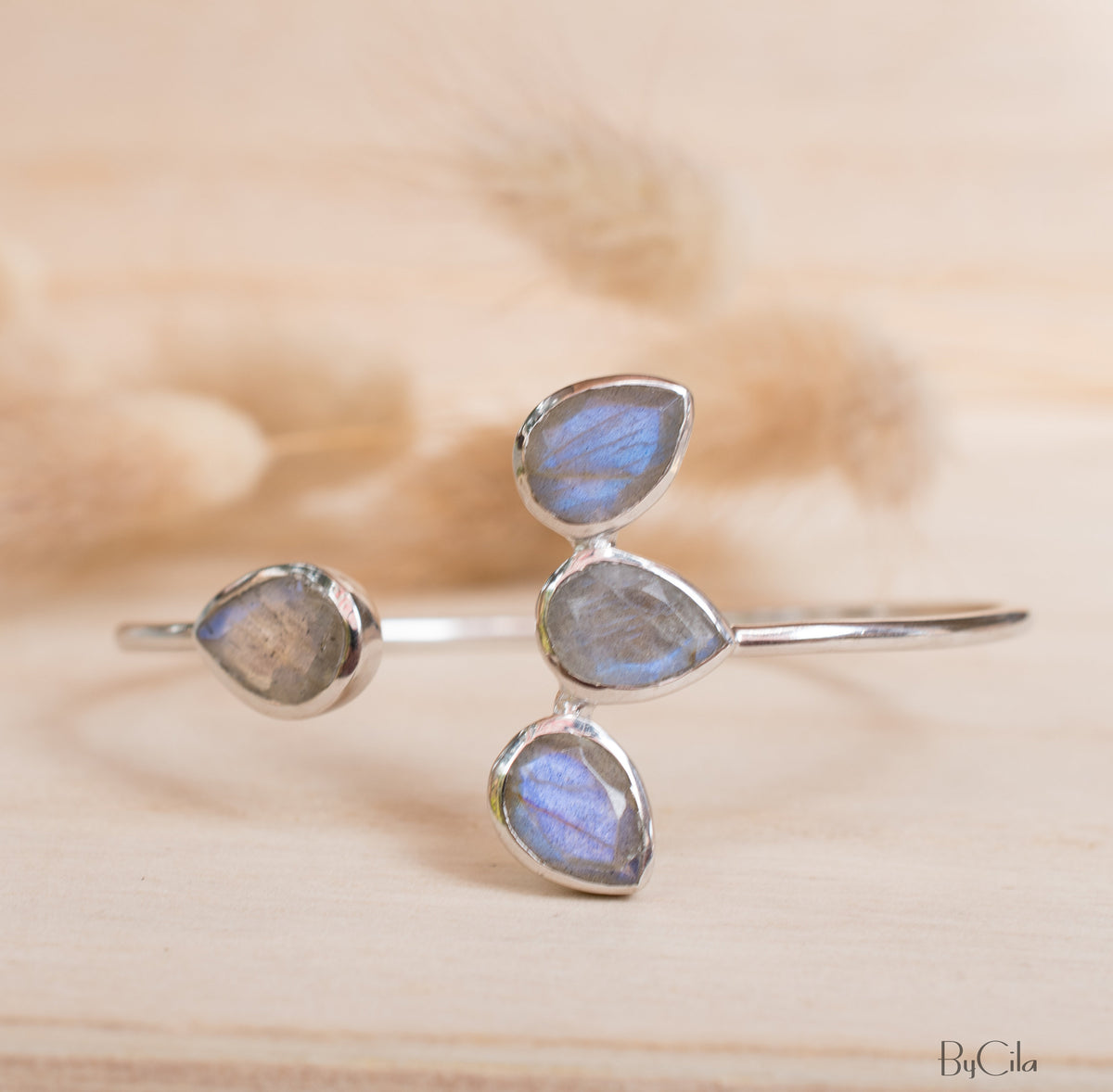 Labradorite Bangle Bracelet * Gold Plated, Rose Gold Plated 18k or Silver Plated* Gemstone * Lotus Flower *  Adjustable * Stacking*BJB021C