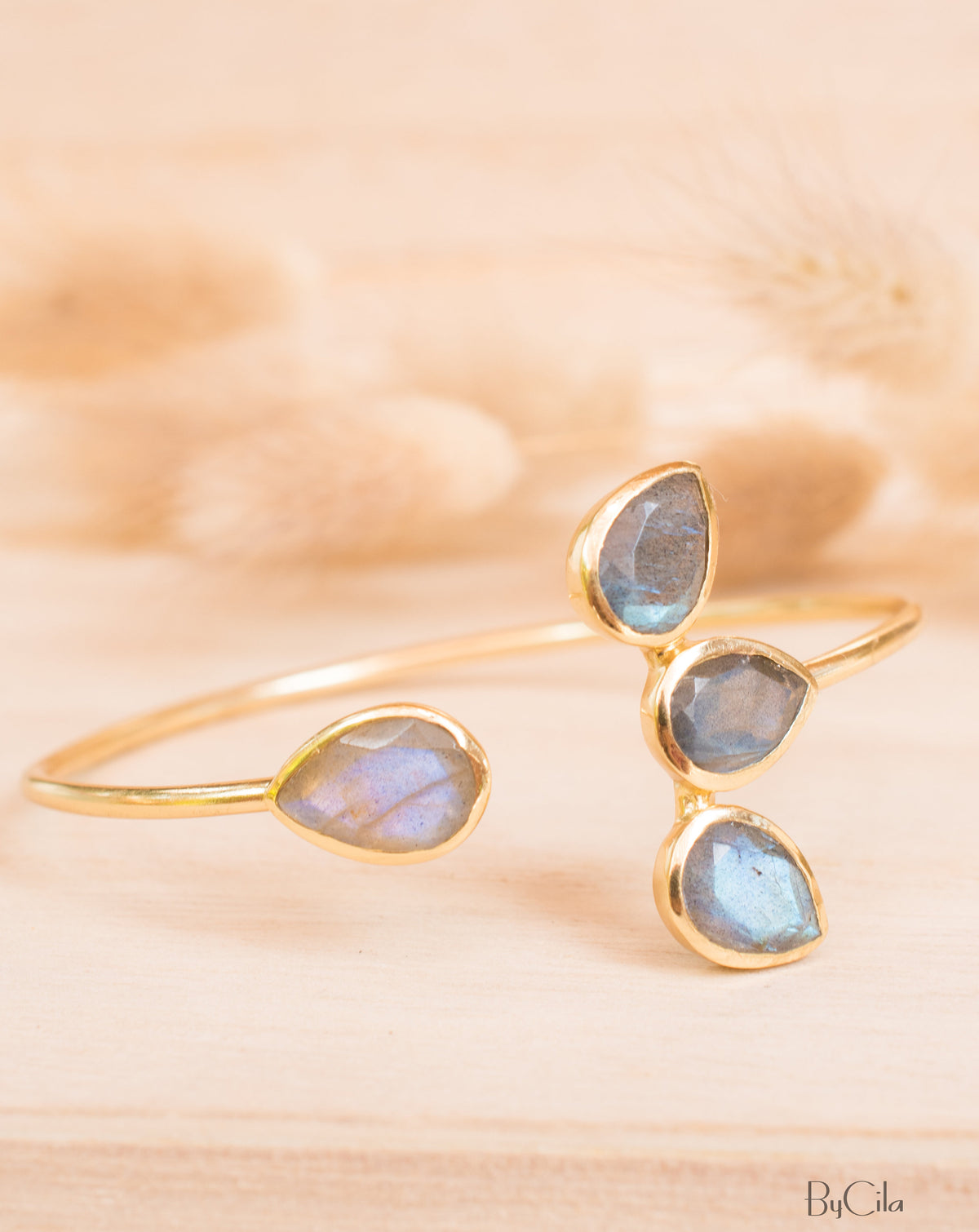 Labradorite Bangle Bracelet * Gold Plated, Rose Gold Plated 18k or Silver Plated* Gemstone * Lotus Flower *  Adjustable * Stacking*BJB021C