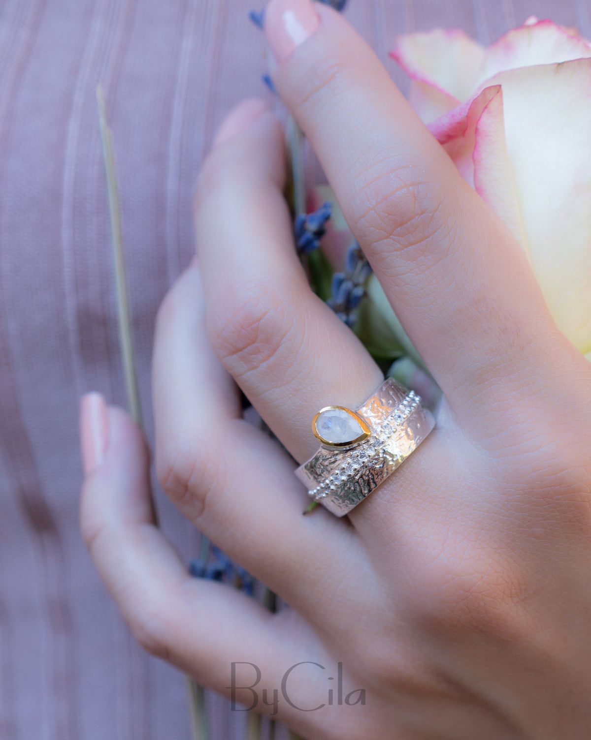 Moonstone ring * Sterling silver ring * Gold Vermeil ring * Wide ring * Handmade ring * Wave band ring * Gemstone* Rainbow Moonstone BJR204