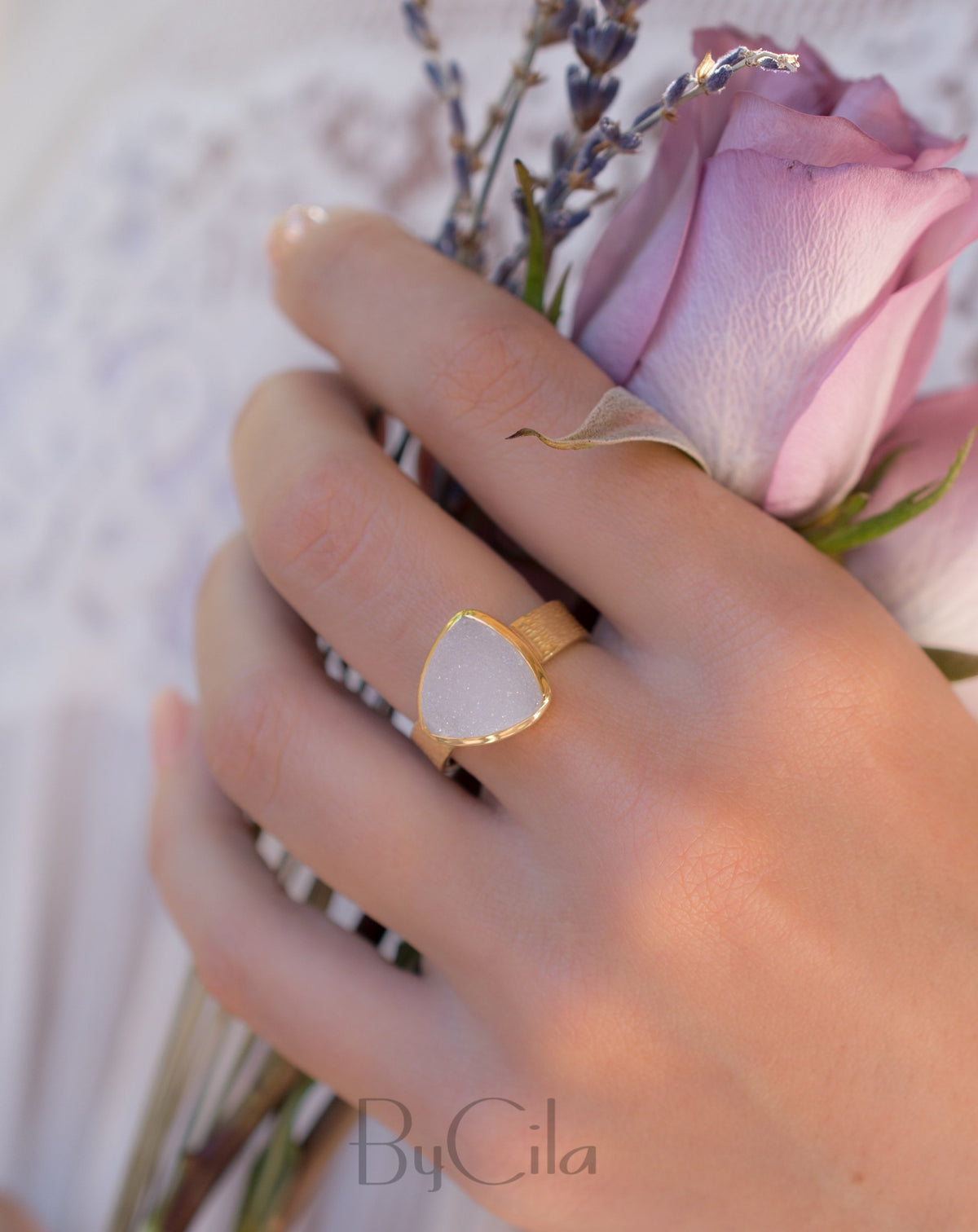 White Druzy Ring * Gold Plated Ring * Statement Ring *Gemstone Ring  *Gold Crystal* Natural Druzy *Large Gemstone *Organic Ring * BJR157