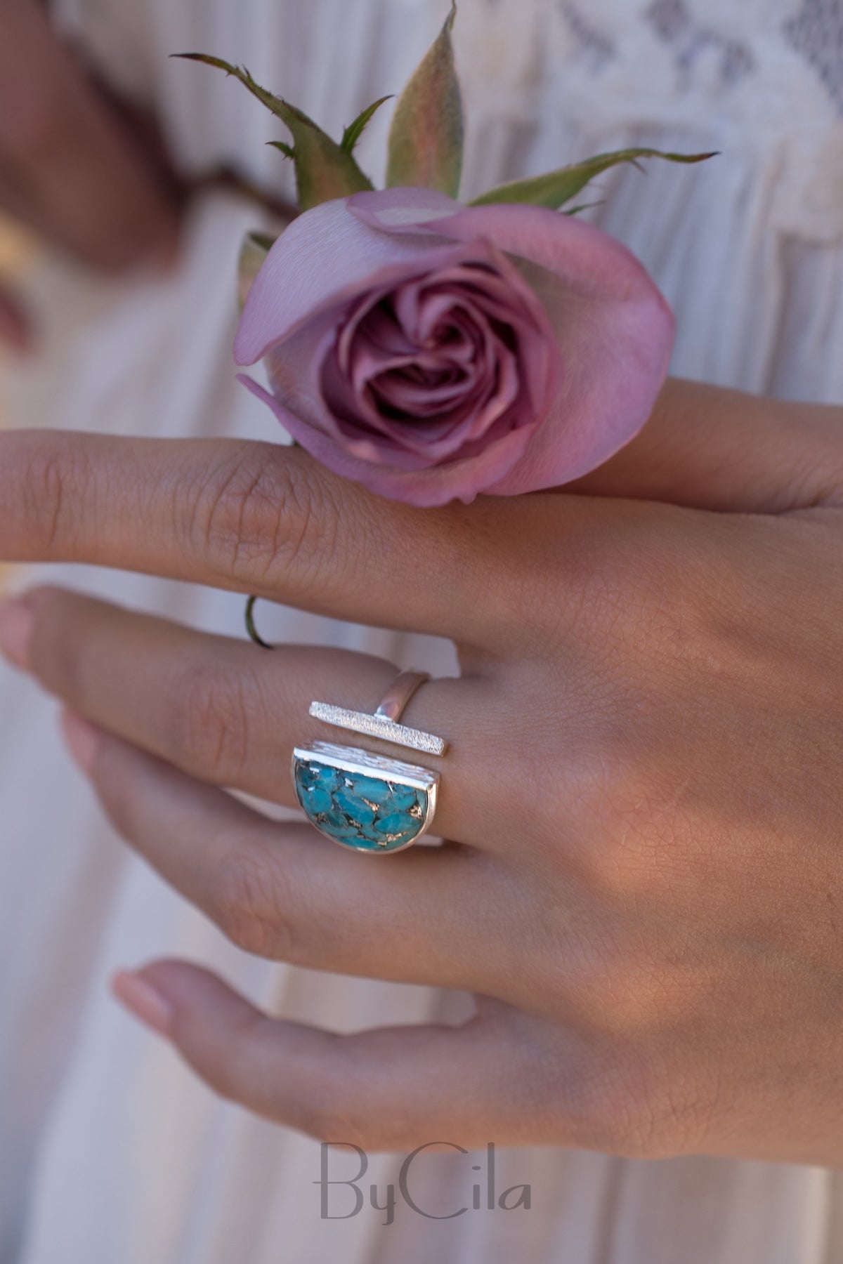 Copper Turquoise Ring * Adjustable Sterling Silver * Statement * Gemstone * Bridal * Wedding * Half Moon * Boho * Bohemian * Handmade*BJR115