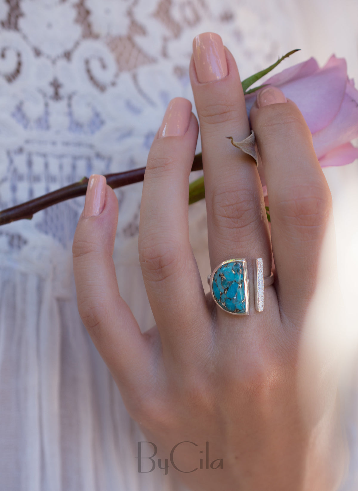 Copper Turquoise Ring * Adjustable Sterling Silver * Statement * Gemstone * Bridal * Wedding * Half Moon * Boho * Bohemian * Handmade*BJR115