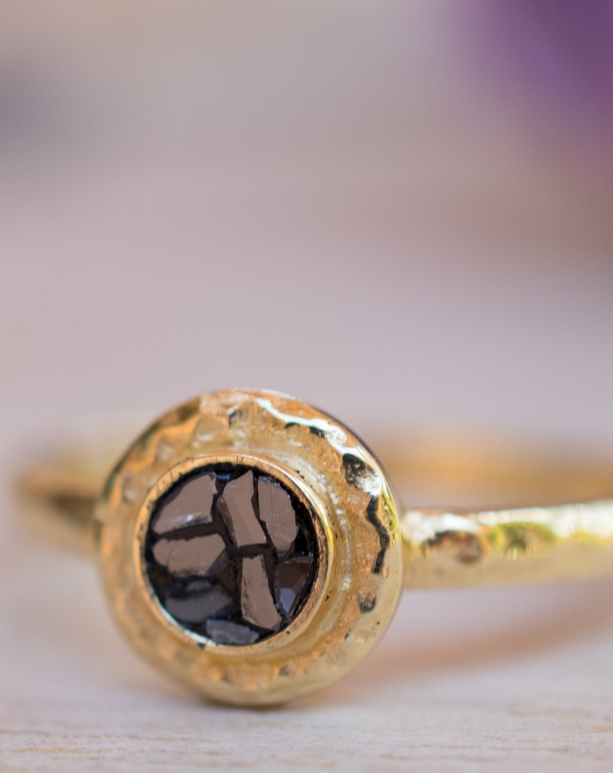 14K Yellow Gold Black Mosaic Diamond Ring *Hammered * Engagement Ring *Unique *Organic *Boho chic * Diamond Ring *Modern *Gold Band *BJRG005