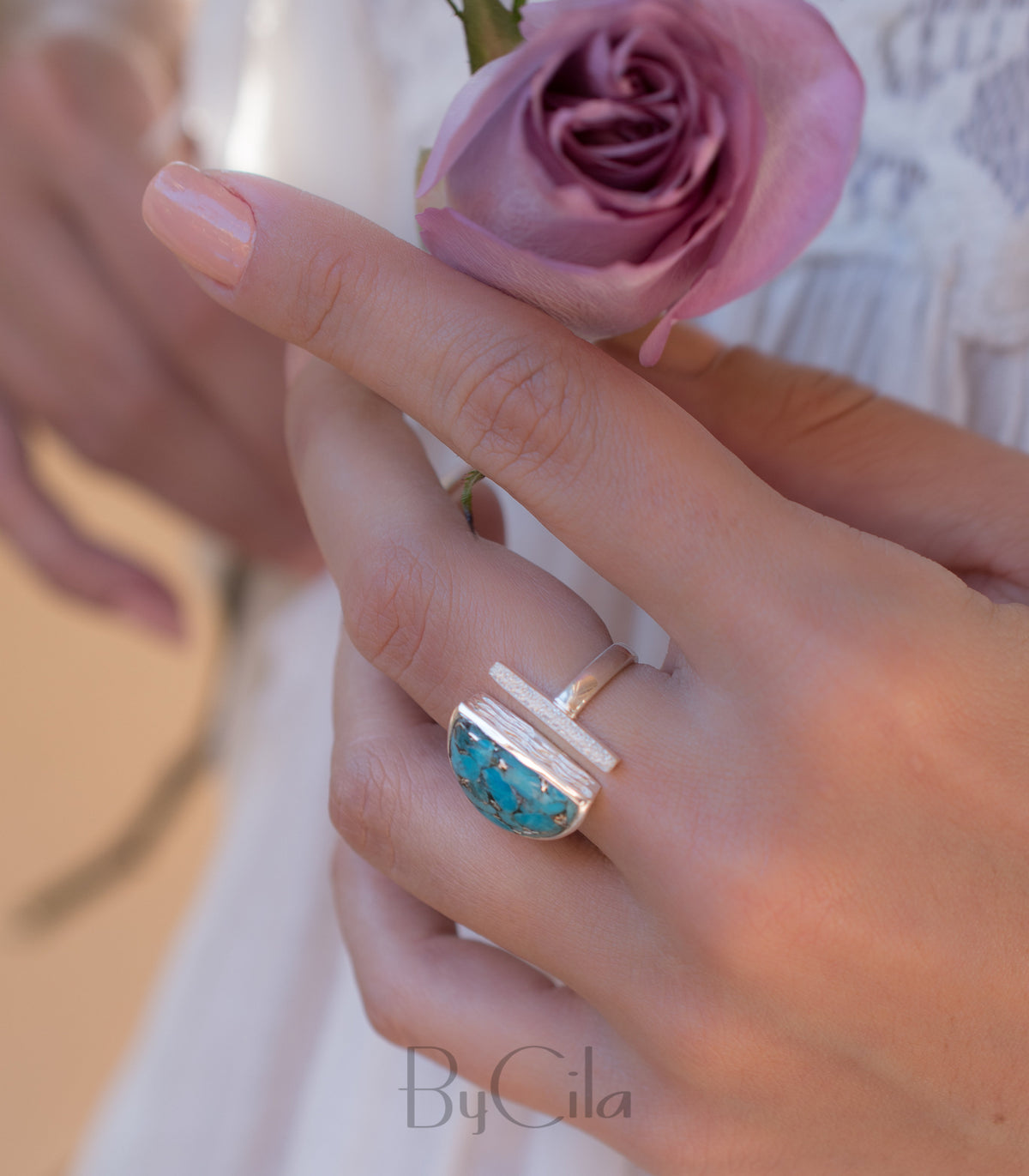 Copper Turquoise Ring * Adjustable Sterling Silver * Statement * Gemstone * Bridal * Wedding * Half Moon * Boho * Bohemian * Handmade*BJR115