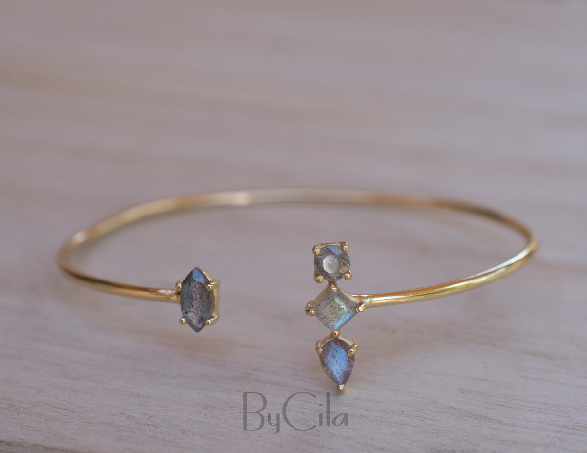 Labradorite Bangle Bracelet * Gold Plated 18K or Rose Gold * Gemstone * Gypsy * Hippie *  Adjustable * Statement *  Stacking * BJB011C