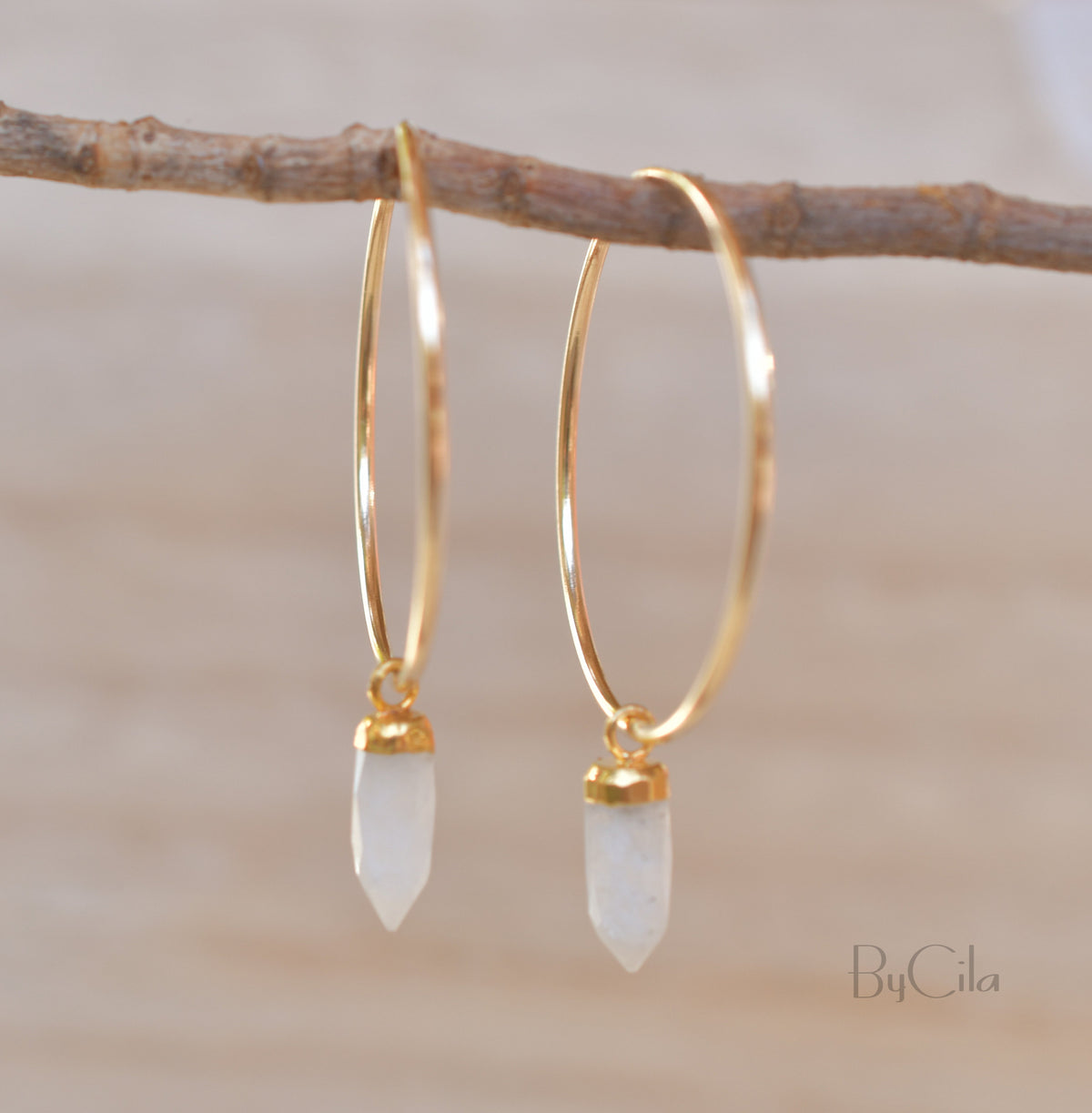 Aqua Chalcedony, Moonstone Hoop Earrings* Gold Filled  or Sterling Silver *Handmade* Gemstone * gift for her * Large * ByCia * BJE129B