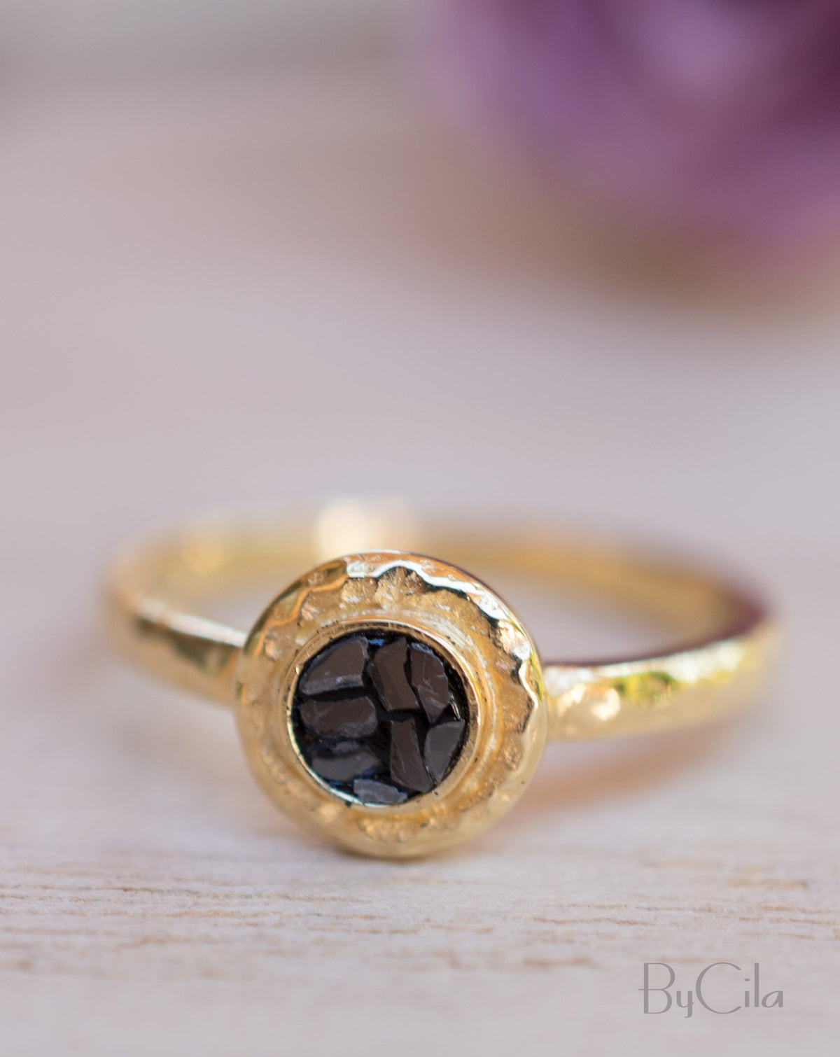 14K Yellow Gold Black Mosaic Diamond Ring *Hammered * Engagement Ring *Unique *Organic *Boho chic * Diamond Ring *Modern *Gold Band *BJRG005