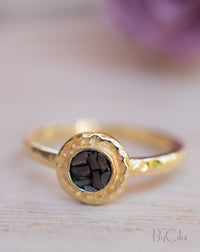 14K Yellow Gold Black Mosaic Diamond Ring *Hammered * Engagement Ring *Unique *Organic *Boho chic * Diamond Ring *Modern *Gold Band *BJRG005