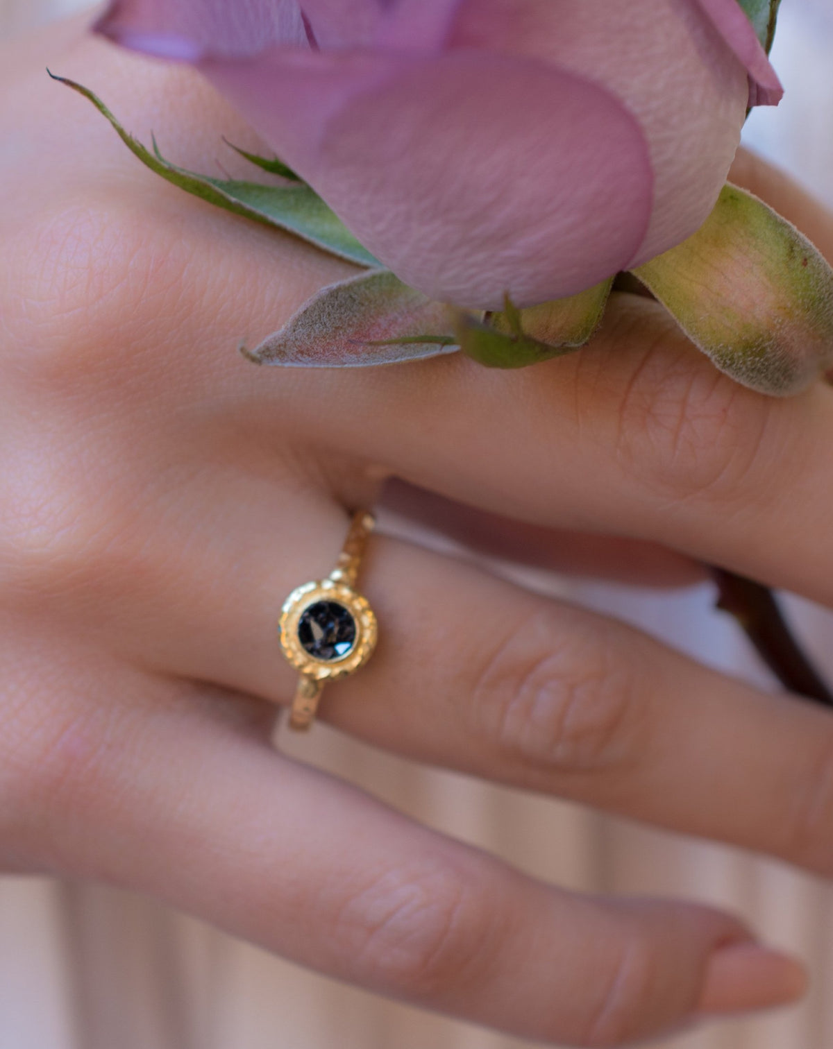 14K Yellow Gold Black Mosaic Diamond Ring *Hammered * Engagement Ring *Unique *Organic *Boho chic * Diamond Ring *Modern *Gold Band *BJRG005