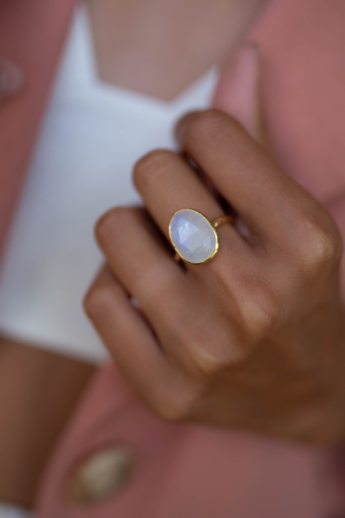 Moonstone Gold Plated Ring *  Statement Ring * Gemstone Ring * Rainbow Moonstone * Gold Ring  * BJR241