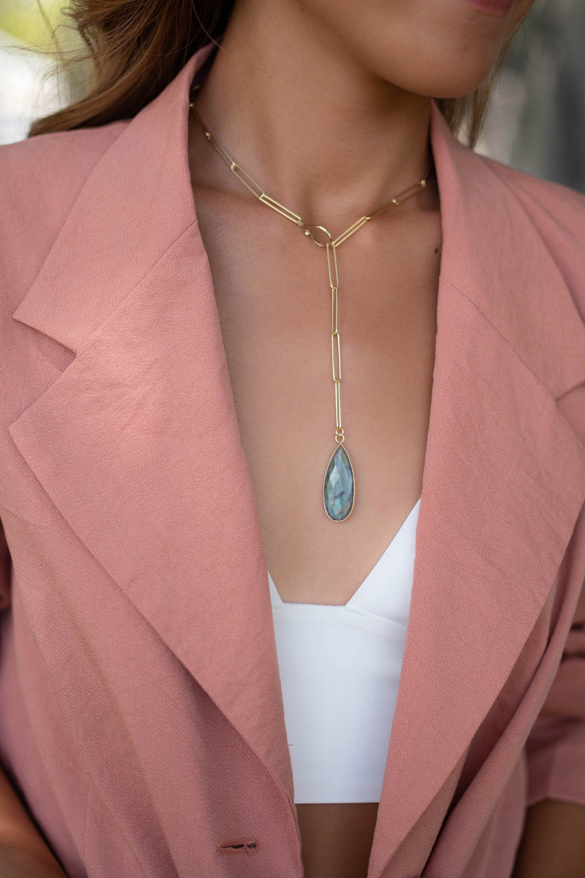 Rainbow Labradorite * Large Tear Drop * Gold Vermeil * Lariat Necklace * Gold Gemstone * Statement * Bycila *Bridesmaid * BJN099