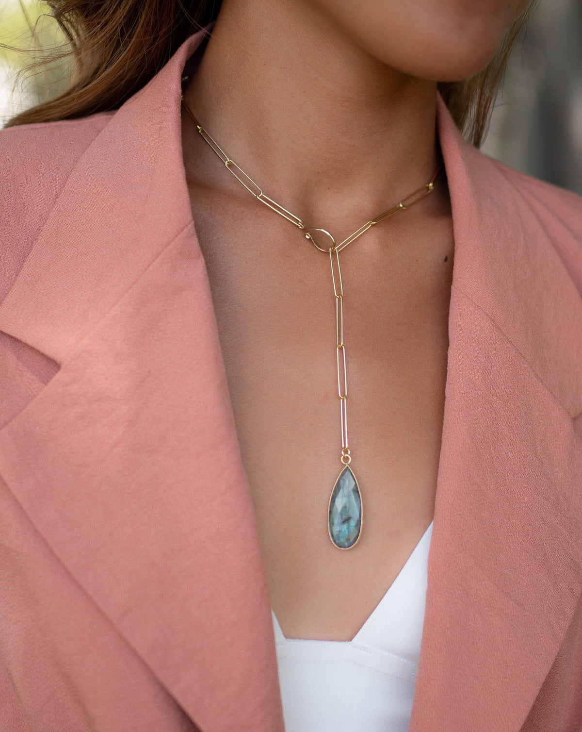 Rainbow Labradorite * Large Tear Drop * Gold Vermeil * Lariat Necklace * Gold Gemstone * Statement * Bycila *Bridesmaid * BJN099