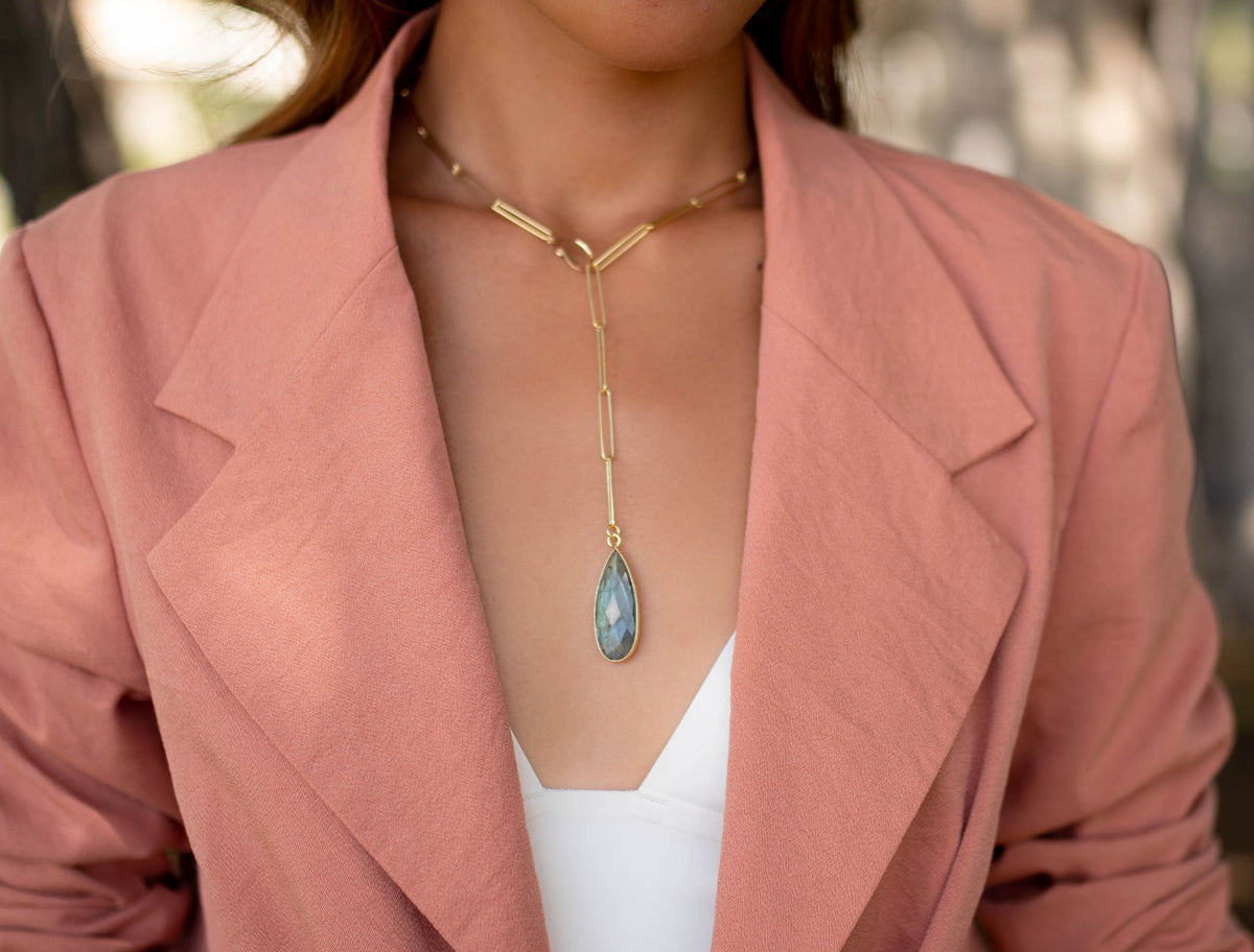 Rainbow Labradorite * Large Tear Drop * Gold Vermeil * Lariat Necklace * Gold Gemstone * Statement * Bycila *Bridesmaid * BJN099
