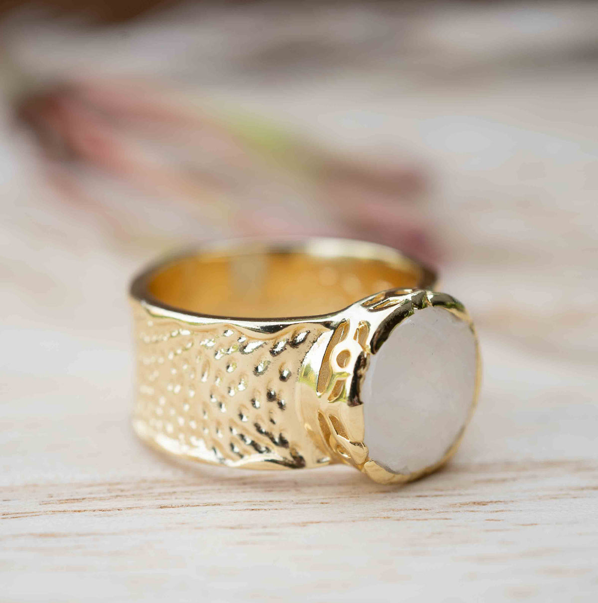 Moonstone Gold Plated Ring *  Statement Ring * Gemstone Ring * Rainbow Moonstone * Gold Ring  * Large Ring Statement * BJR250
