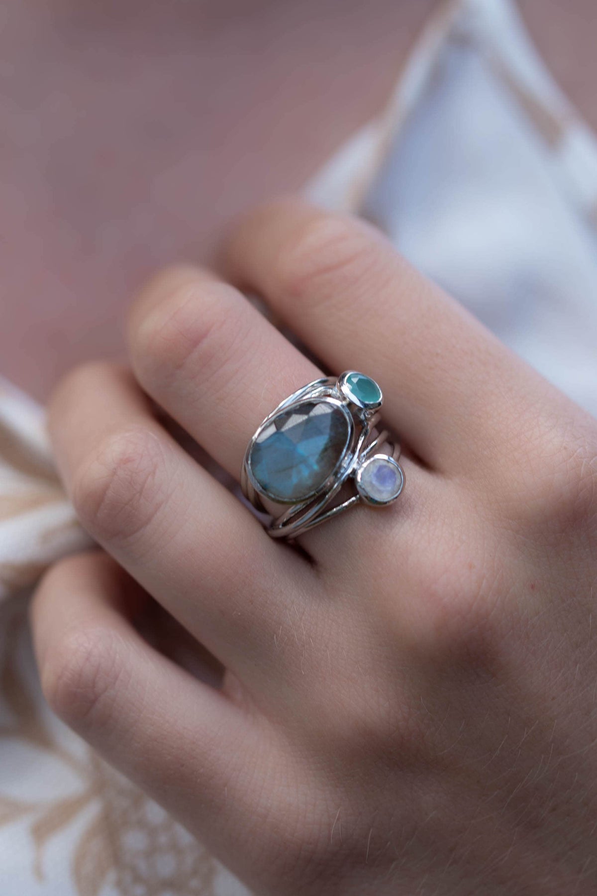 Silver Plated Ring * Labradorite * Moonstone * Aqua Chalcedony *Gemstones * Handmade * Statement * Natural * Organic * Gift for her * BJR101