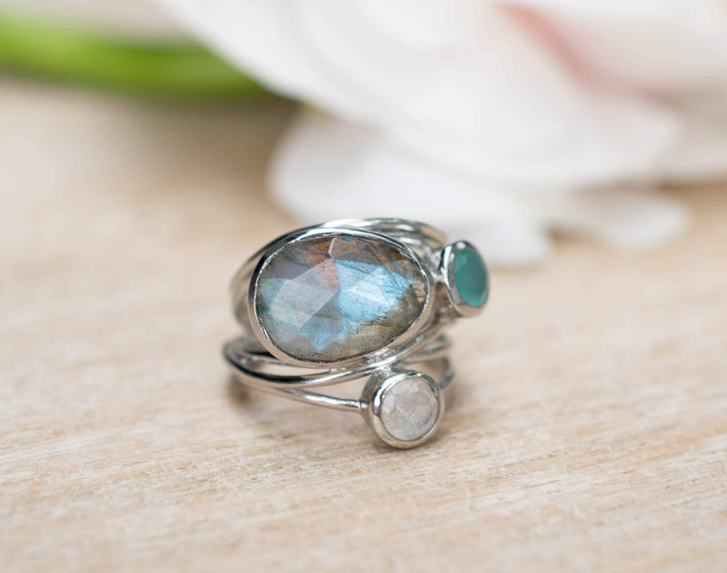 Silver Plated Ring * Labradorite * Moonstone * Aqua Chalcedony *Gemstones * Handmade * Statement * Natural * Organic * Gift for her * BJR101