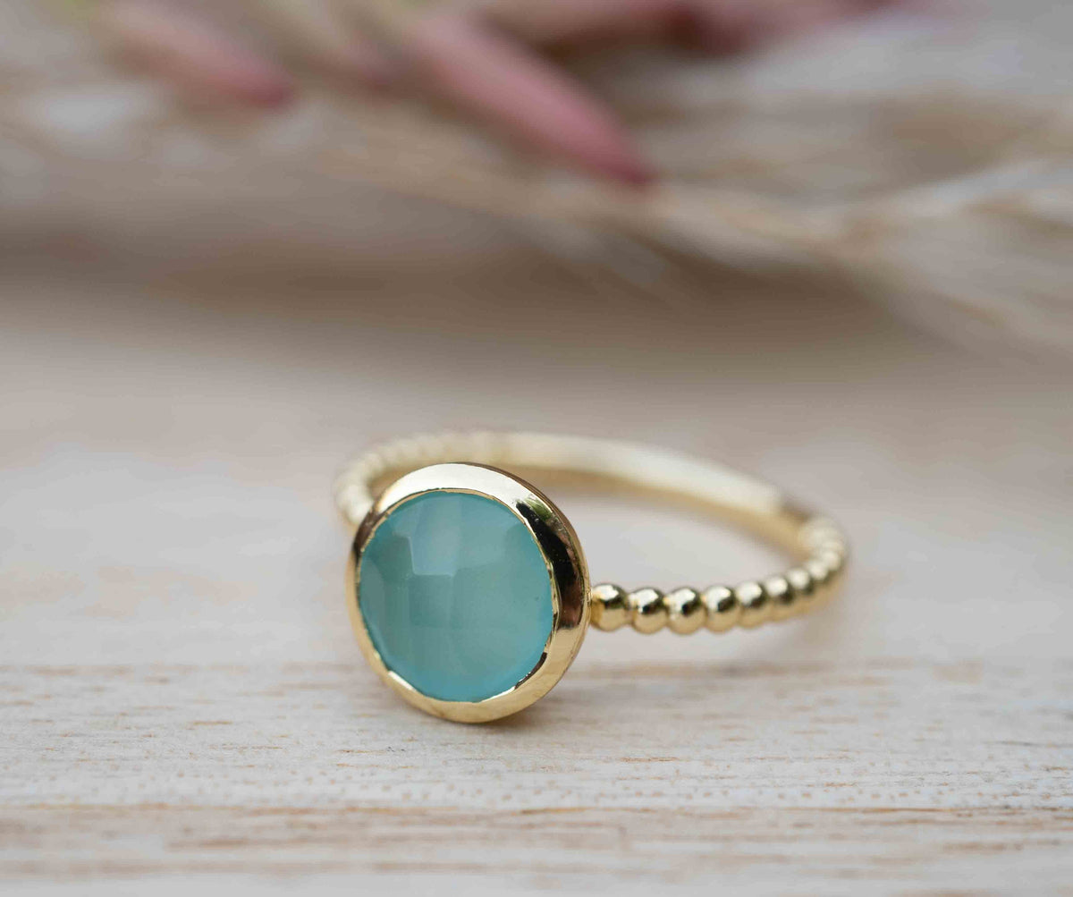 Gold Plated 18k Aqua Chalcedony * Gemstone Ring * Handmade * Statement * Natural * Organic*Gift for her*Jewelry*Bycila*May Birthstone*