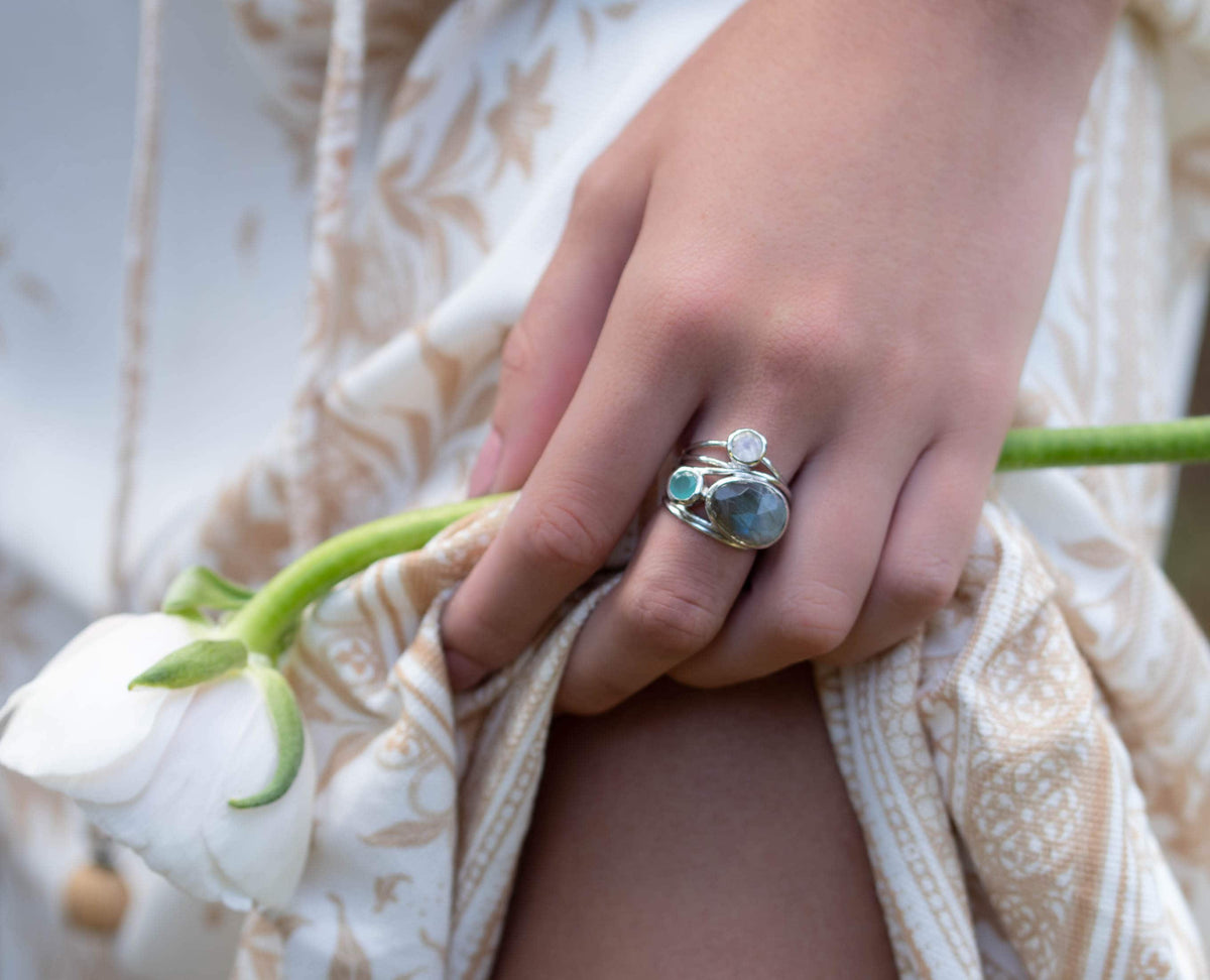 Silver Plated Ring * Labradorite * Moonstone * Aqua Chalcedony *Gemstones * Handmade * Statement * Natural * Organic * Gift for her * BJR101