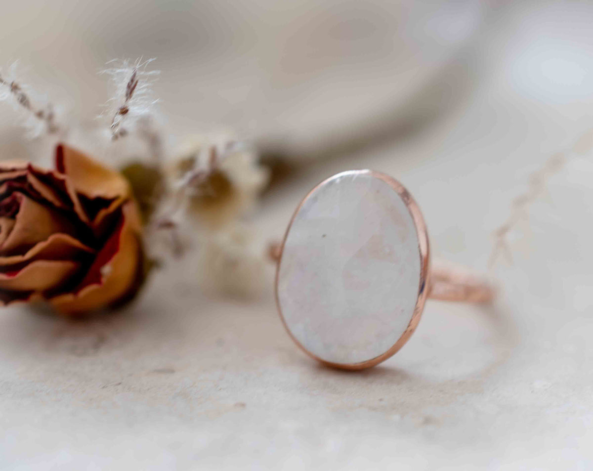 Moonstone Rose Gold Plated Ring *  Statement Ring * Gemstone Ring * Rainbow Moonstone * Rose Gold Ring  * BJR243