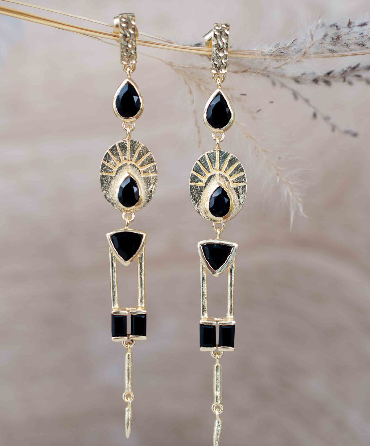 Black Onyx Earrings Stud Gold Plated 18k *Post * Gemstone * Statement * handmade * Every day * Long * bohemian * ByCila  * BJE191