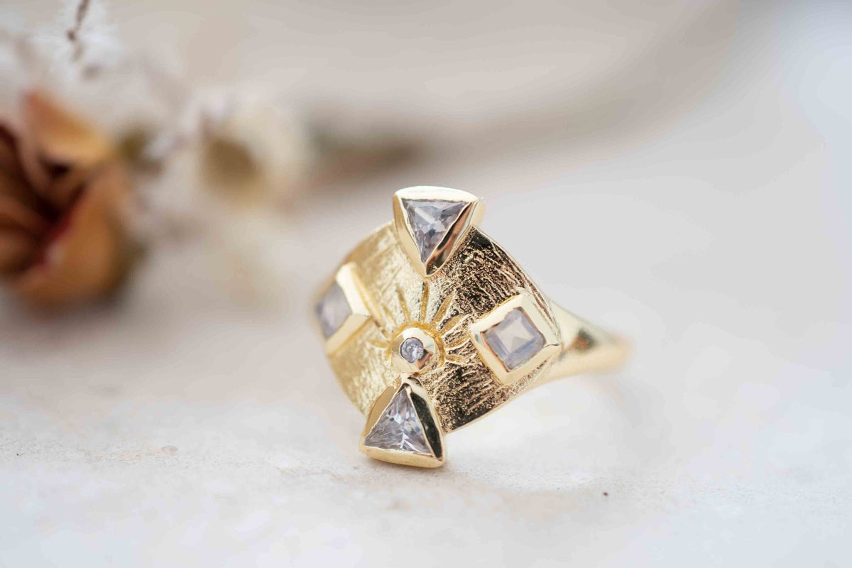 Moonstone & Zirconia Ring * Gold Plated Ring * Statement Ring *Gemstone Ring * Rainbow * Bridal Ring *Wedding Ring  * BJR260