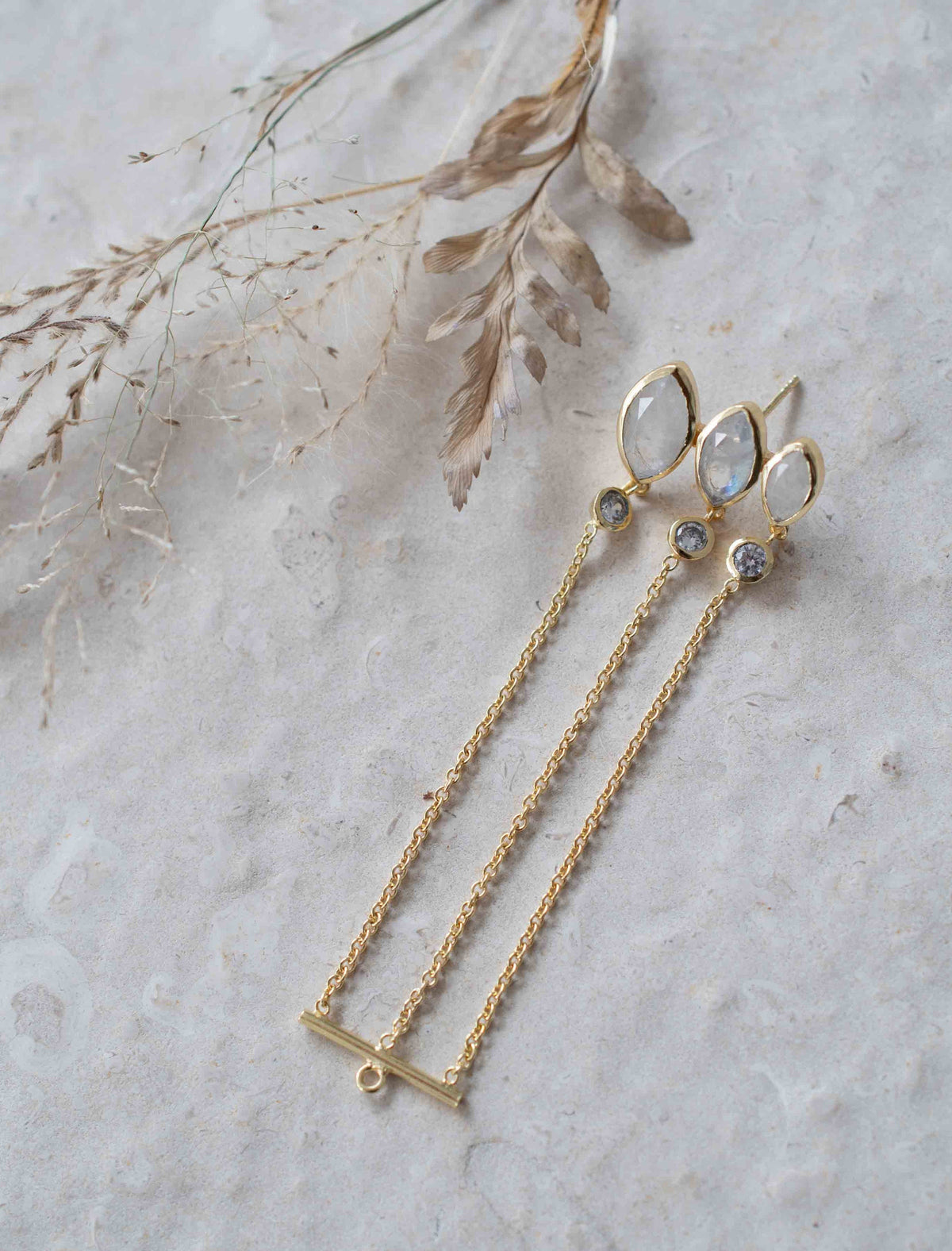 Moonstone & Zirconia Stud Earrings Gold Plated 18k * Gemstone * Earrings * Rainbow Moonstone * Handmade * Boho * Modern * BJE232
