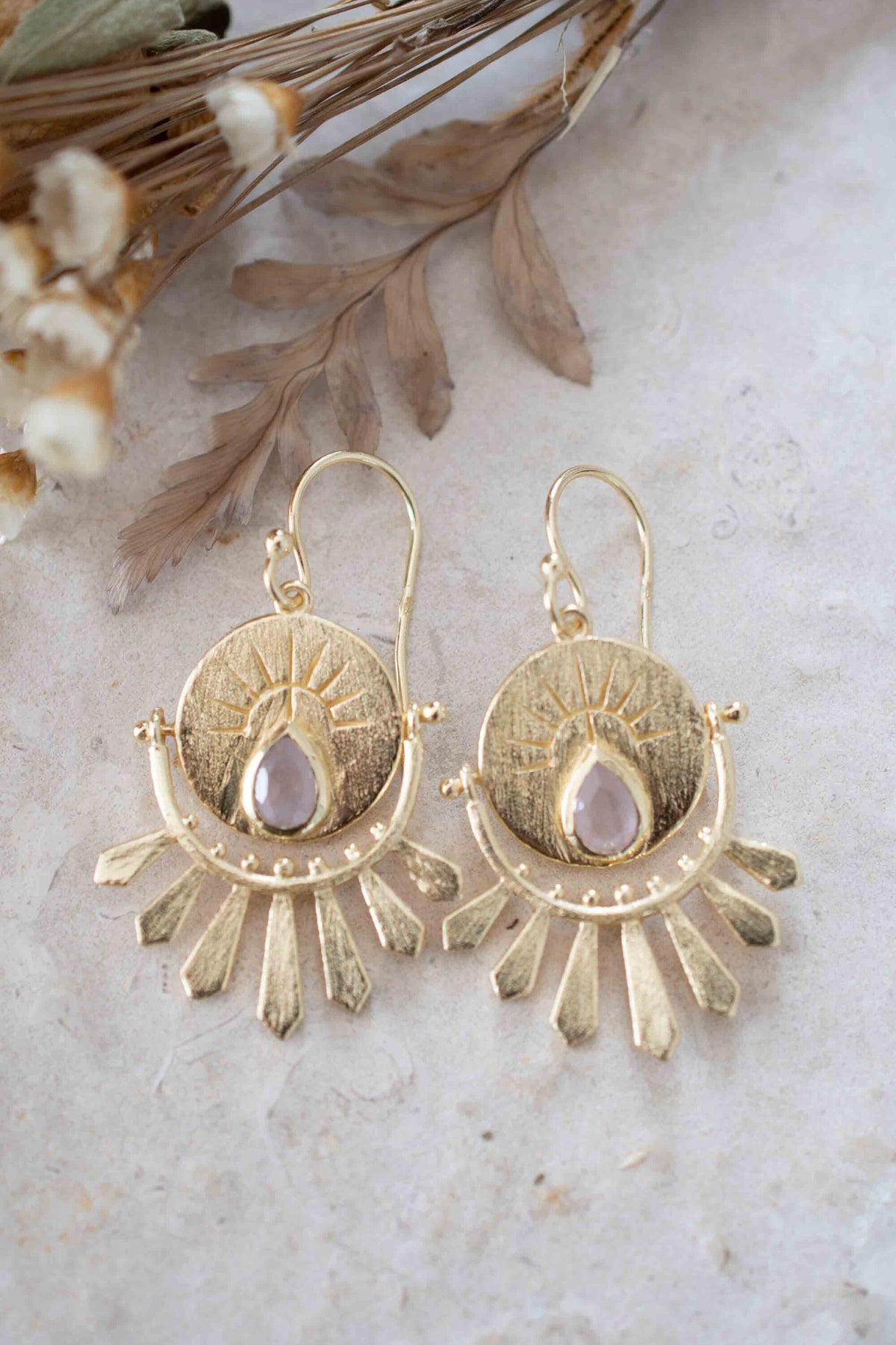 Rose Quartz Logo Round Earrings Dangle Gold Plated 18k * Gemstone * Statement * Every day * handmade* Lightweight * bohemian *ByCila* BJE215