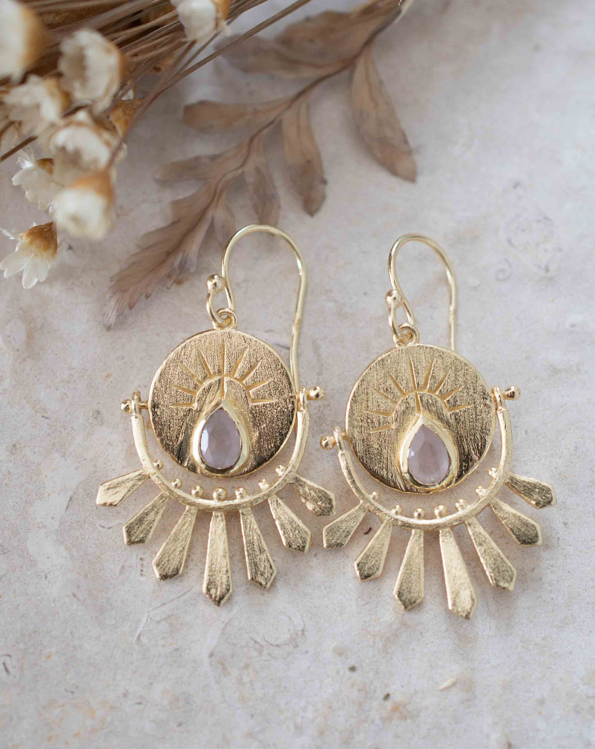 Rose Quartz Logo Round Earrings Dangle Gold Plated 18k * Gemstone * Statement * Every day * handmade* Lightweight * bohemian *ByCila* BJE215