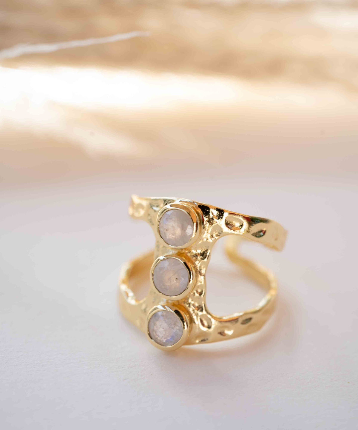 Moonstone Gold Plated Ring *  Hammered * Adjustable * Statement Ring * Gemstone Ring * Rainbow Moonstone * Gold Ring  * BJR277