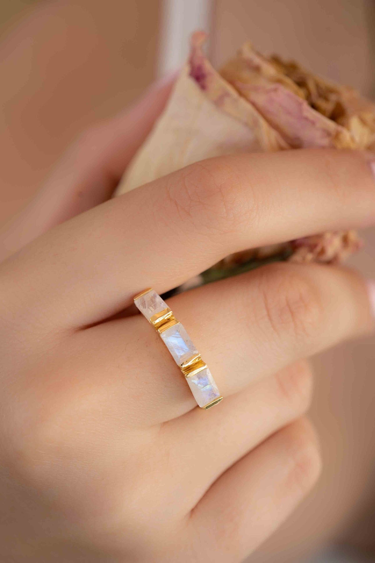 Moonstone Gold Plated Ring * Stackable * Statement Ring * Gemstone Ring * Rainbow Moonstone * Gold Ring  * Modern Ring Statement * BJR268