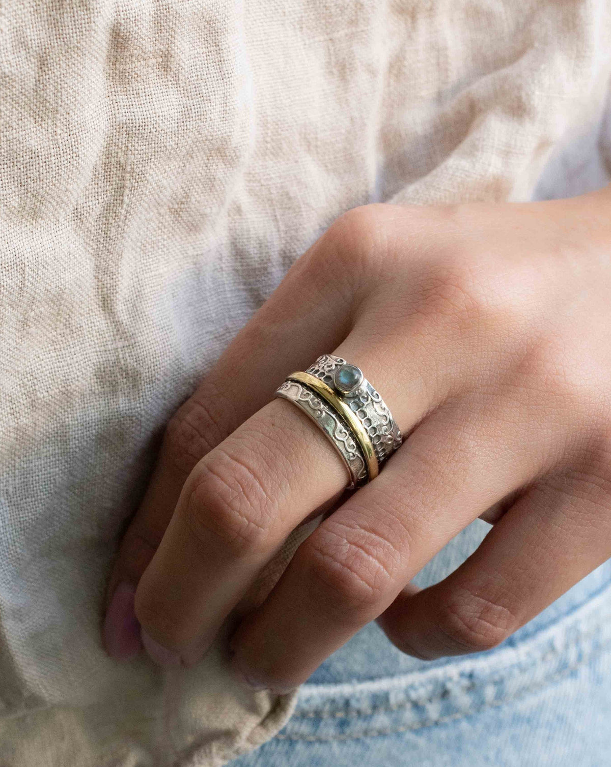 Labradorite Ring * Meditation * Spinner * Spinning * Anxiety * Hammered * Worry * Boho * Spin * Thick Band * Sterling Silver *Bronze* BJS040