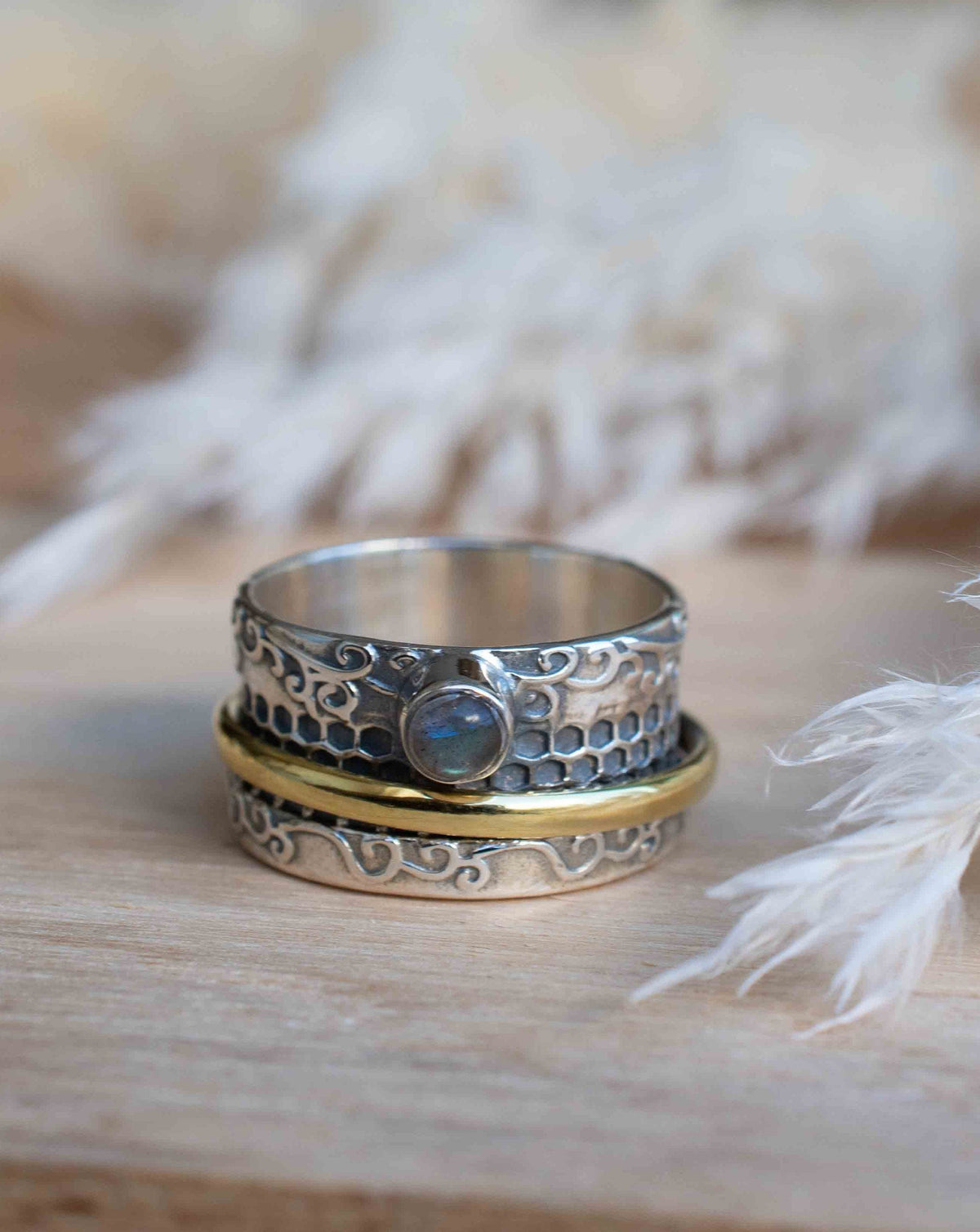 Labradorite Ring * Meditation * Spinner * Spinning * Anxiety * Hammered * Worry * Boho * Spin * Thick Band * Sterling Silver *Bronze* BJS040