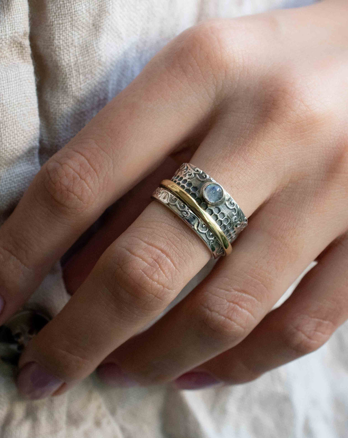 Moonstone Ring * Meditation * Spinner * Spinning * Anxiety * Hammered * Worry * Boho * Spin * Thick Band * Sterling Silver * Bronze BJS038