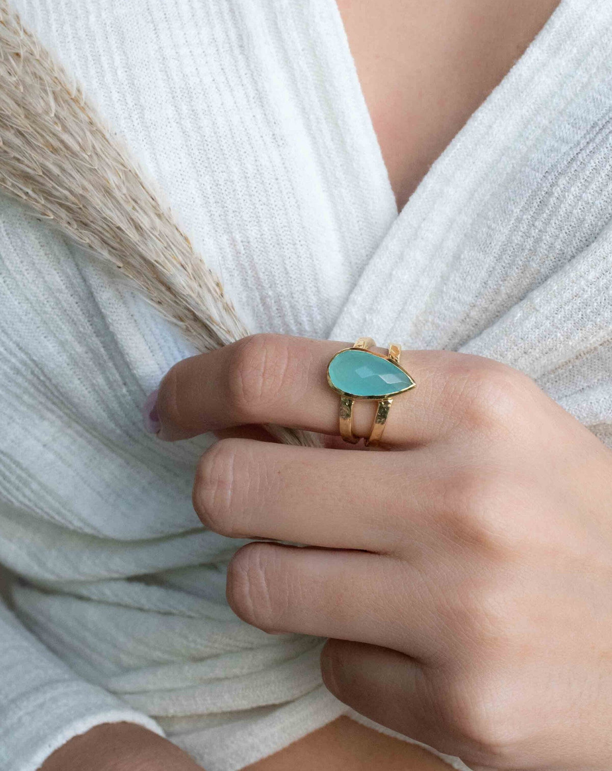 Gold Plated 18k Aqua Chalcedony * Gemstone Ring * Handmade * Statement * Natural * Organic*Gift for her*Jewelry*Bycila*May Birthstone*BJR308