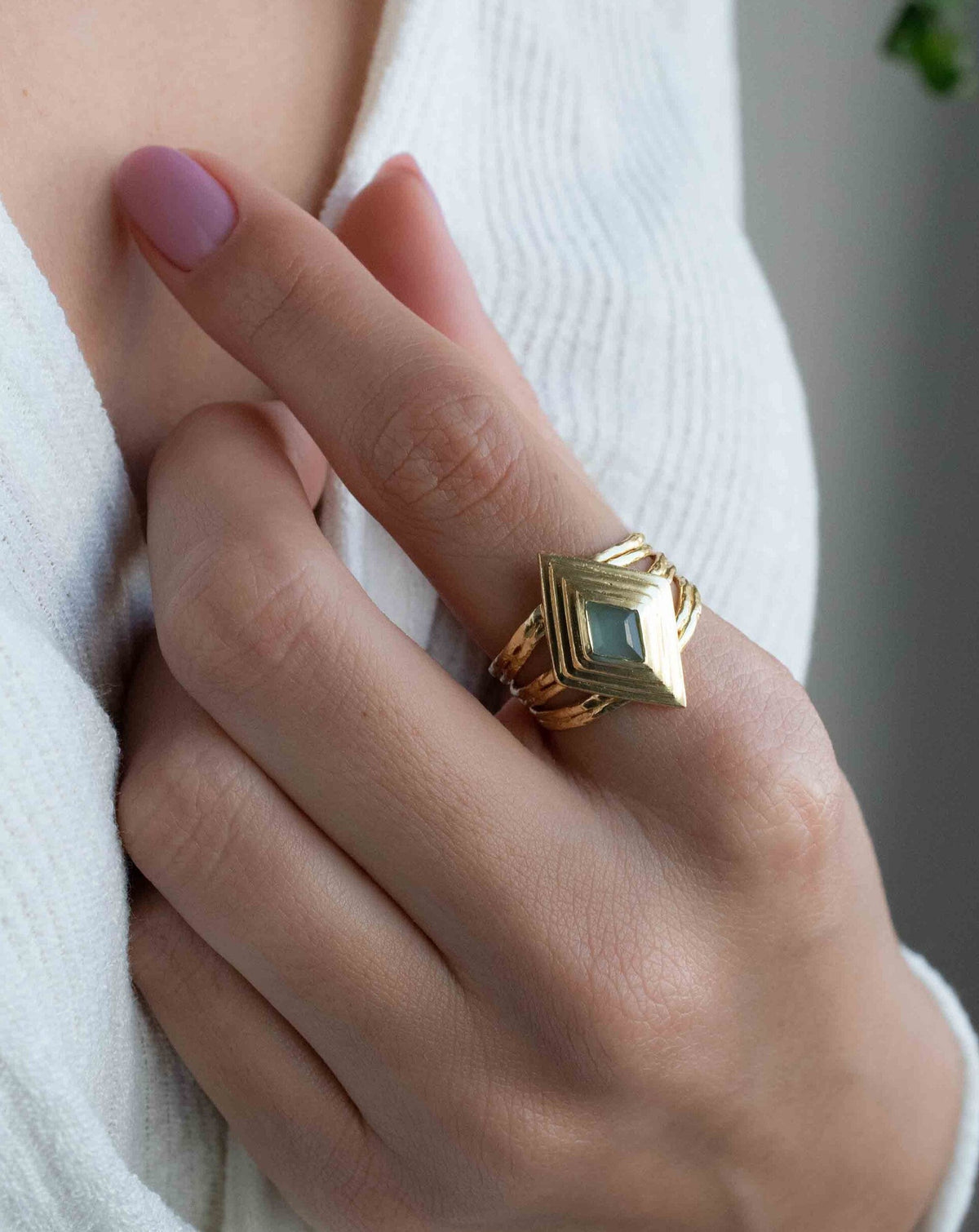 Gold Plated 18k Aqua Chalcedony * Gemstone Ring * Handmade * Statement * Natural * Organic*Gift for her*Jewelry*Bycila*May Birthstone*BJR302