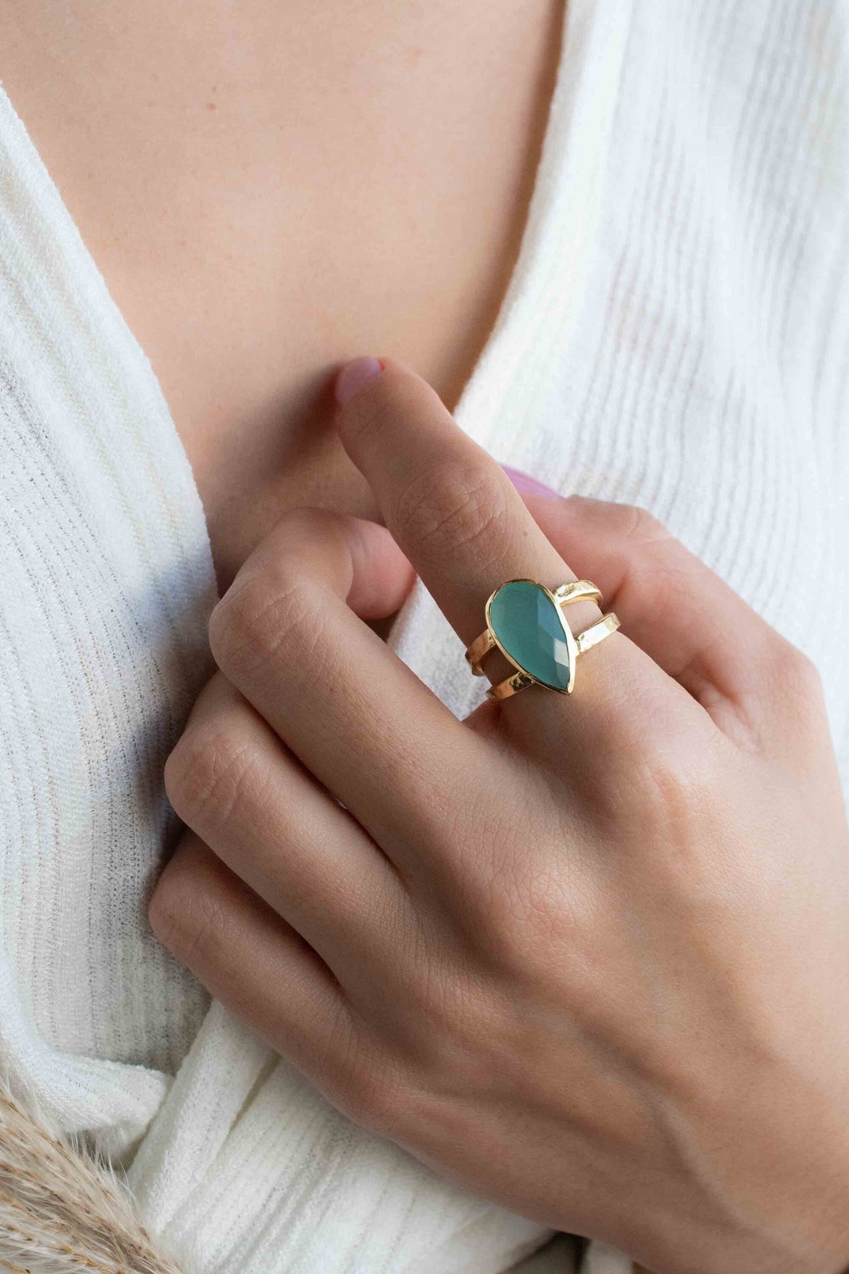 Gold Plated 18k Aqua Chalcedony * Gemstone Ring * Handmade * Statement * Natural * Organic*Gift for her*Jewelry*Bycila*May Birthstone*BJR308