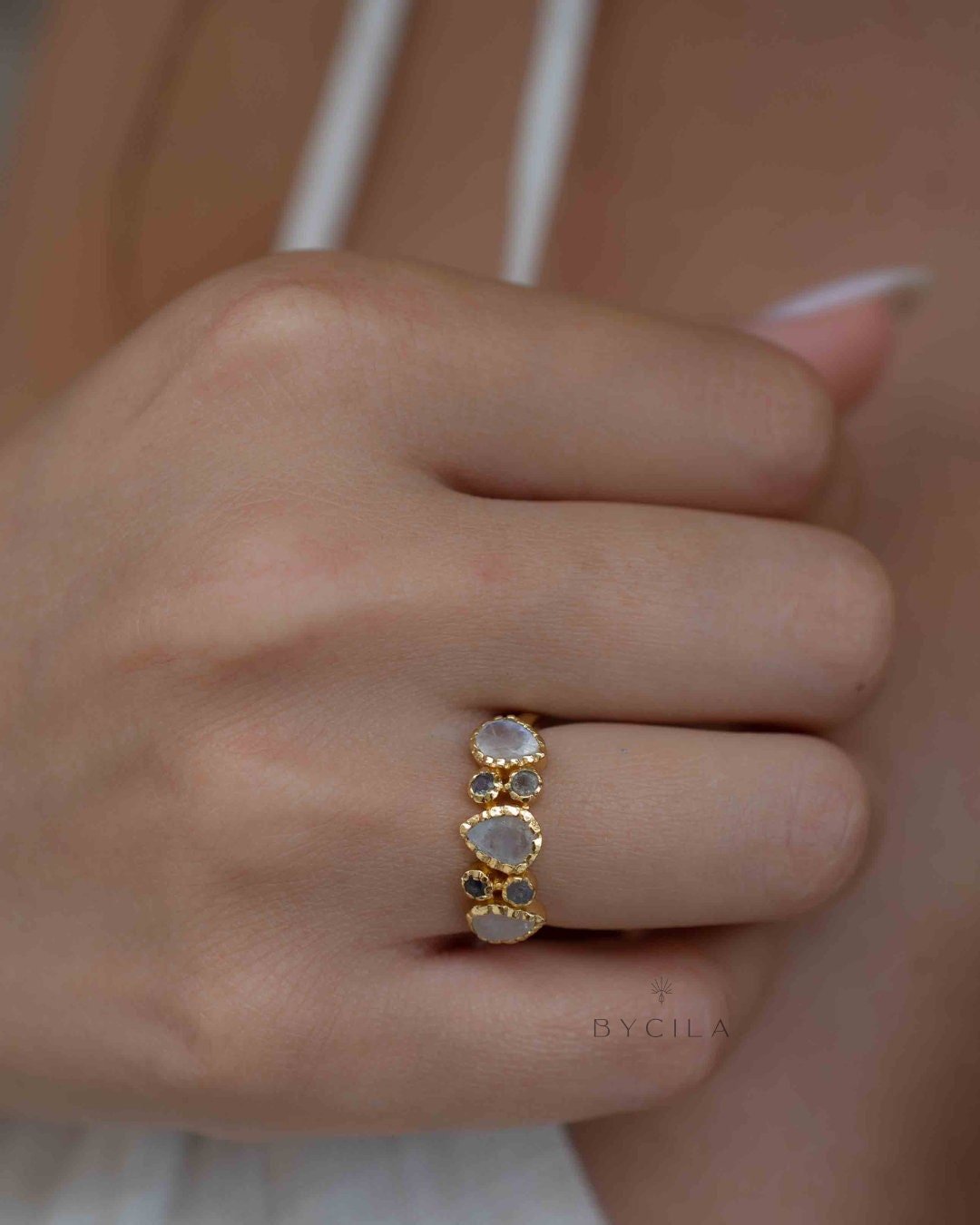 Labradorite & Moonstone Gold Plated Ring * Statement Ring * Gemstone Ring * Pink * Bridal Ring * Wedding Ring * Organic Ring * BJR320