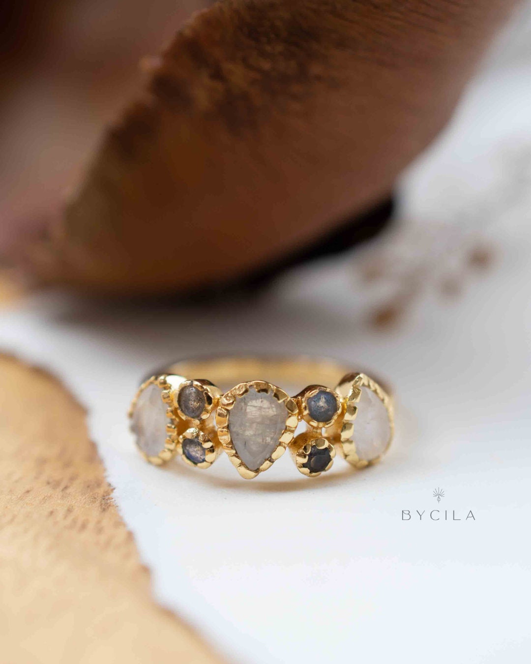 Labradorite & Moonstone Gold Plated Ring * Statement Ring * Gemstone Ring * Pink * Bridal Ring * Wedding Ring * Organic Ring * BJR320
