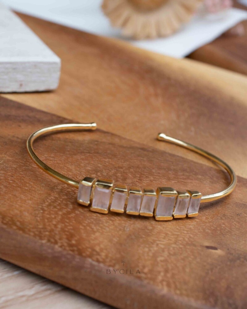 Rose Quartz Bangle Bracelet * Gold Plated 18k * Gemstone * Adjustable * Statement * Stacking * BJB045