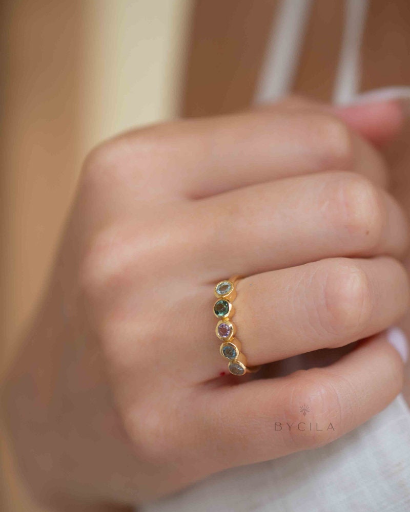Gemstones Gold Ring * Labradorite, Iolite hydro, Amethyst, Green Tourmaline hydro, Blue Topaz *Statement Birthstone*Gold Plated Ring*BJR166
