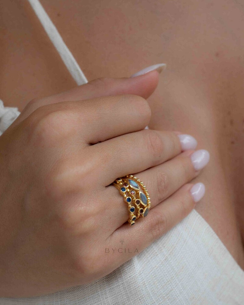Garnet, Iolite and Labradorite Ring * Gold Ring * Gemstone * Gold Plated * Statement *Bridal *Wedding * stackable * Thin *Handmade BJR324