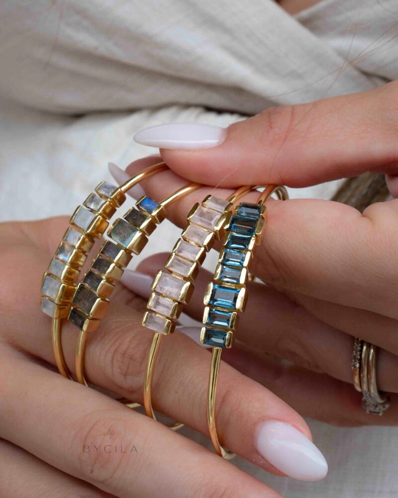 Rose Quartz Bangle Bracelet * Gold Plated 18k * Gemstone * Adjustable * Statement * Stacking * BJB045