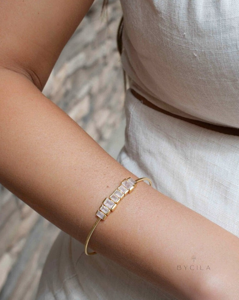 Rose Quartz Bangle Bracelet * Gold Plated 18k * Gemstone * Adjustable * Statement * Stacking * BJB045