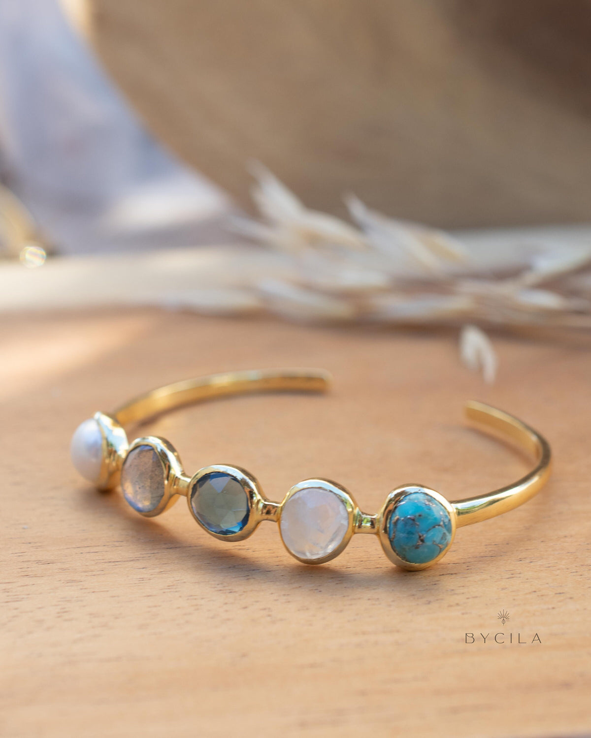 Pearl, Labradorite, Iolite hydro, Moonstone & Copper Turquoise Bangle Bracelet * Gold Plated * Gemstone * Adjustable * BJB056