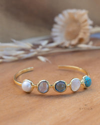 Pearl, Labradorite, Iolite hydro, Moonstone & Copper Turquoise Bangle Bracelet * Gold Plated * Gemstone * Adjustable * BJB056