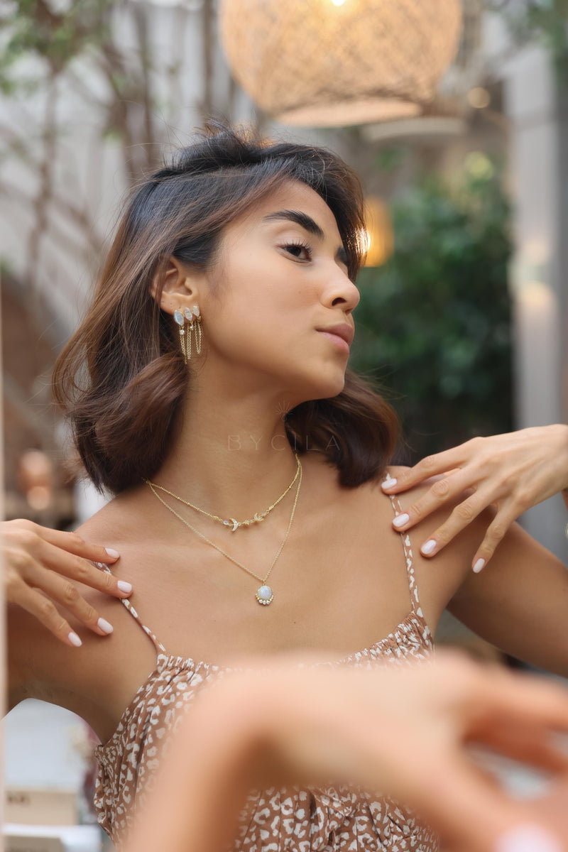 Moonstone & Zirconia * Stud Earrings * Gold Plated 18k * BJE232
