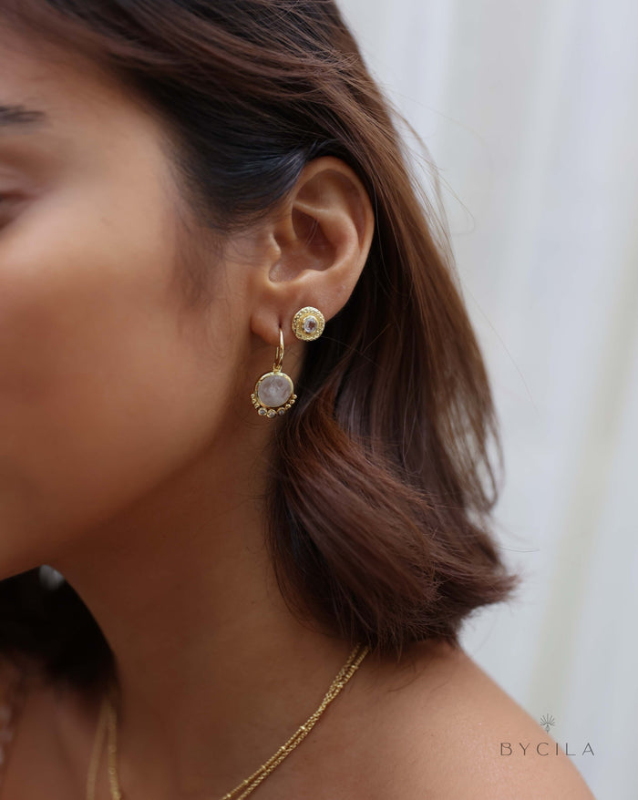 Edil Earrings * Moonstone & CZ * Gold Plated *  Earrings * BJE242