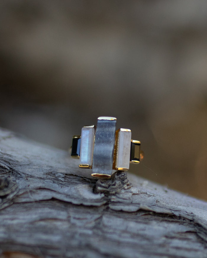 Nady Ring * Druzy, Moonstone & Black Onyx * Gold Plated 18k * BJR099